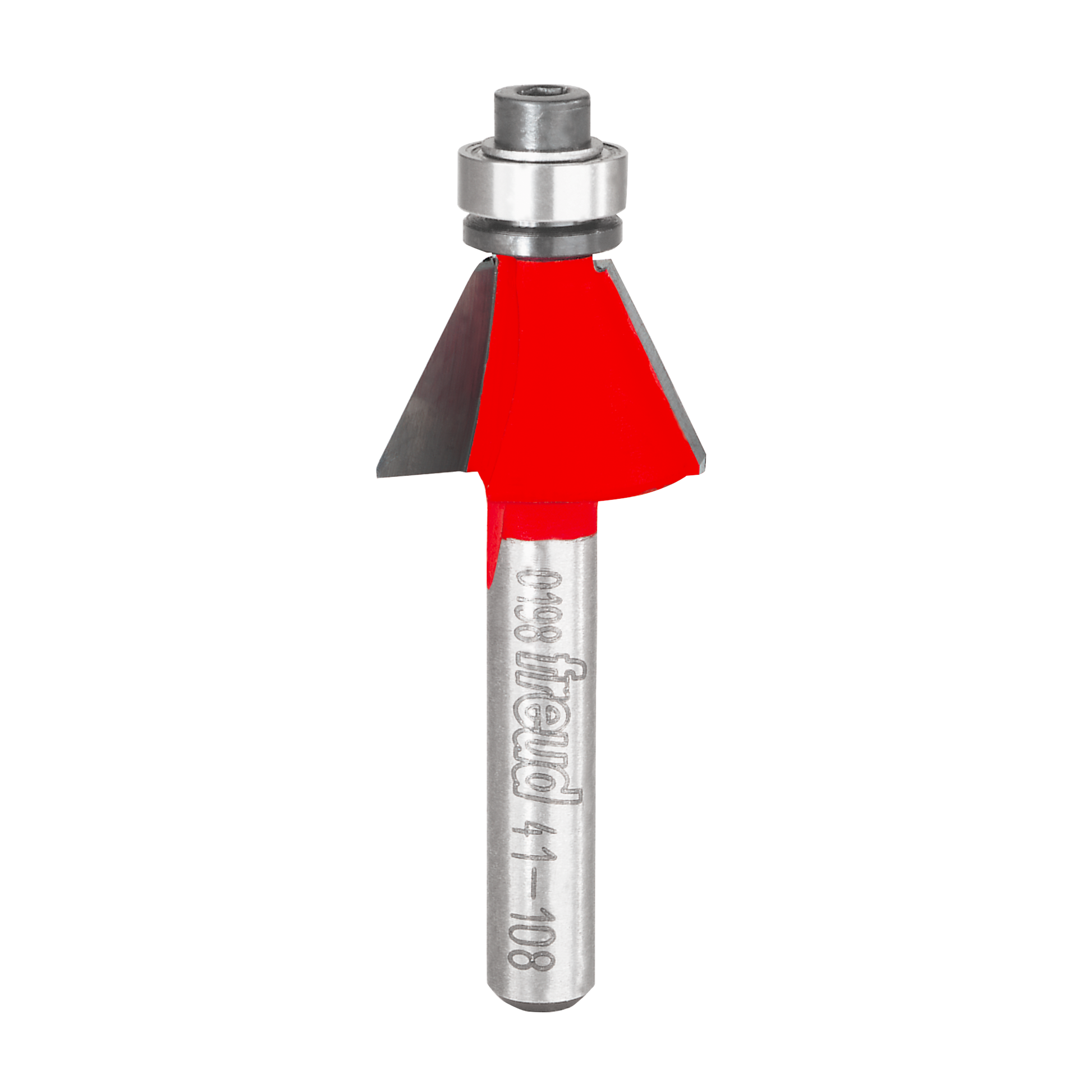 Bevel trim bit with red cutting head, silver metal shank, and bearing collar for router use.