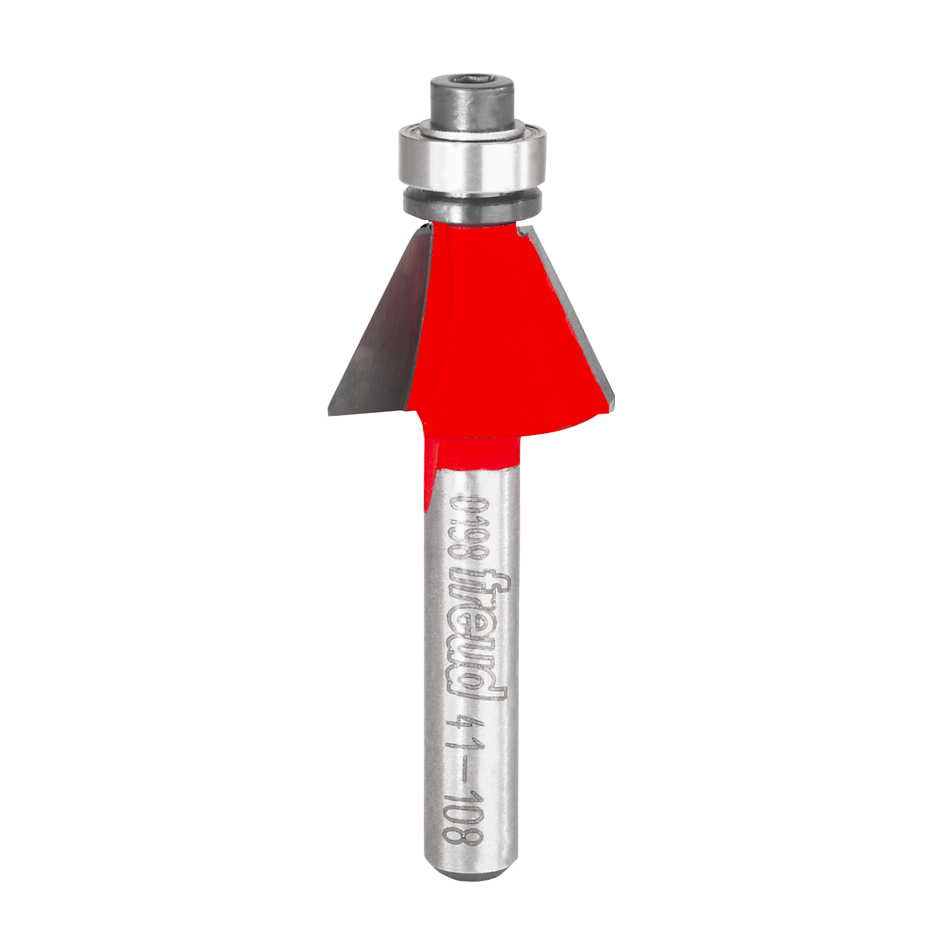 Bevel trim bit with red cutting head, silver metal shank, and bearing collar for router use.