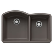 Volcano gray composite sink with one large and one small bowl, each with chrome drain strainer.