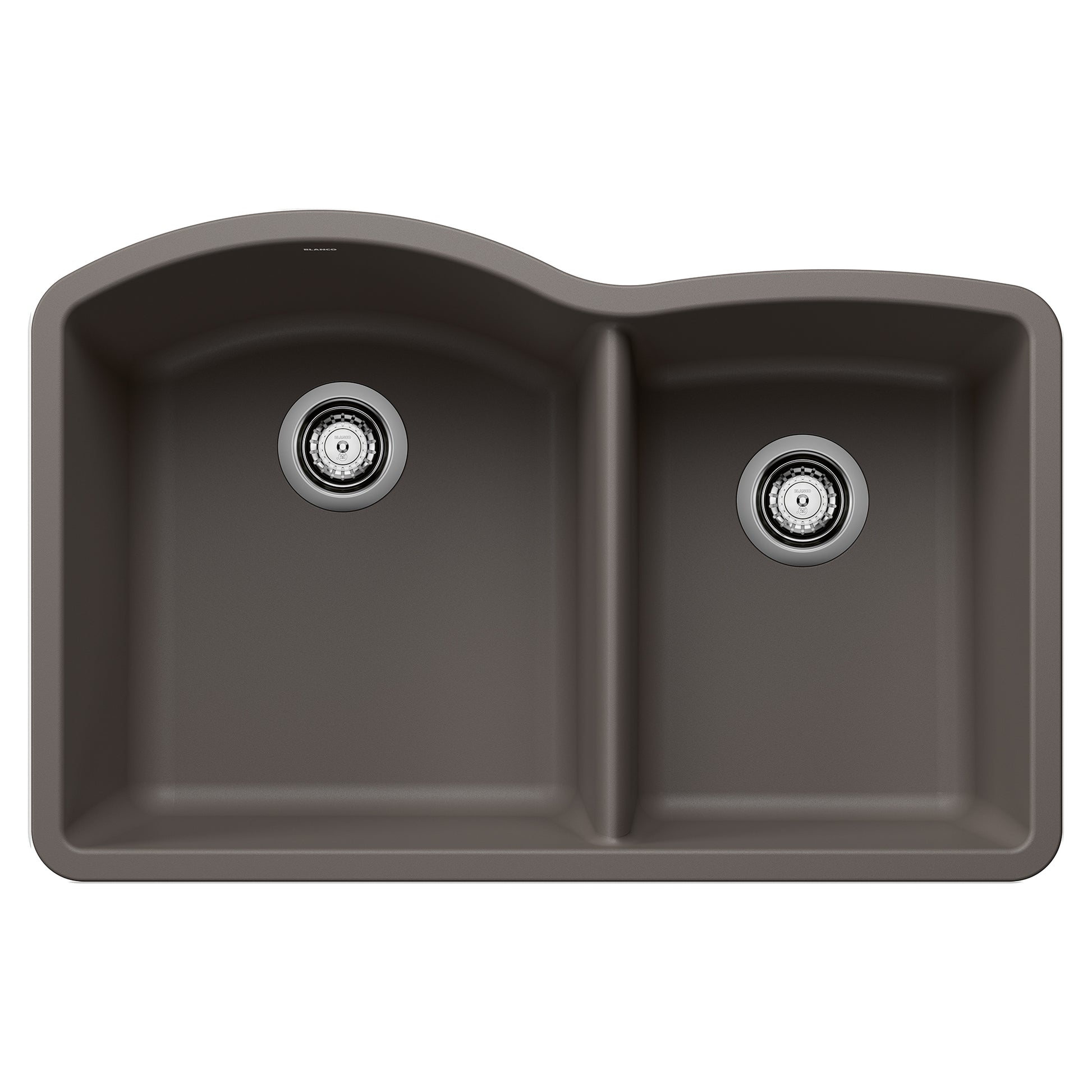 Volcano gray composite sink with one large and one small bowl, each with chrome drain strainer.