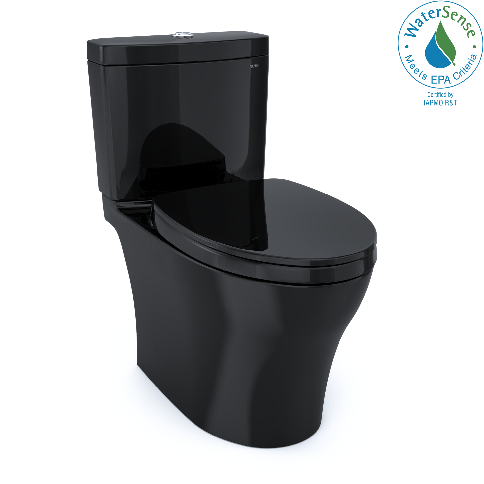 Ebony two-piece elongated toilet with soft-close seat and dual-flush tank.