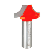 Red and silver ovolo router bit with curved cutting edges and cylindrical shank marked with Freud branding.