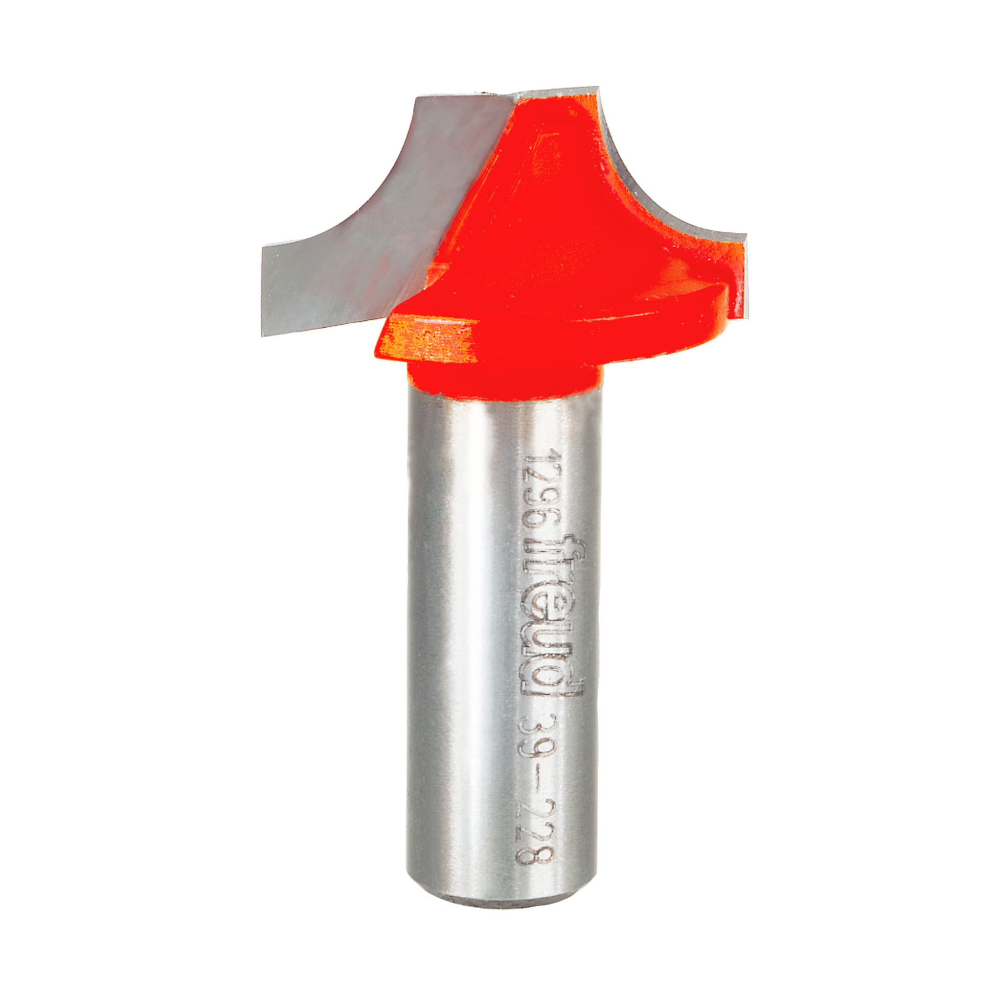 Red and silver ovolo router bit with curved cutting edges and cylindrical shank marked with Freud branding.