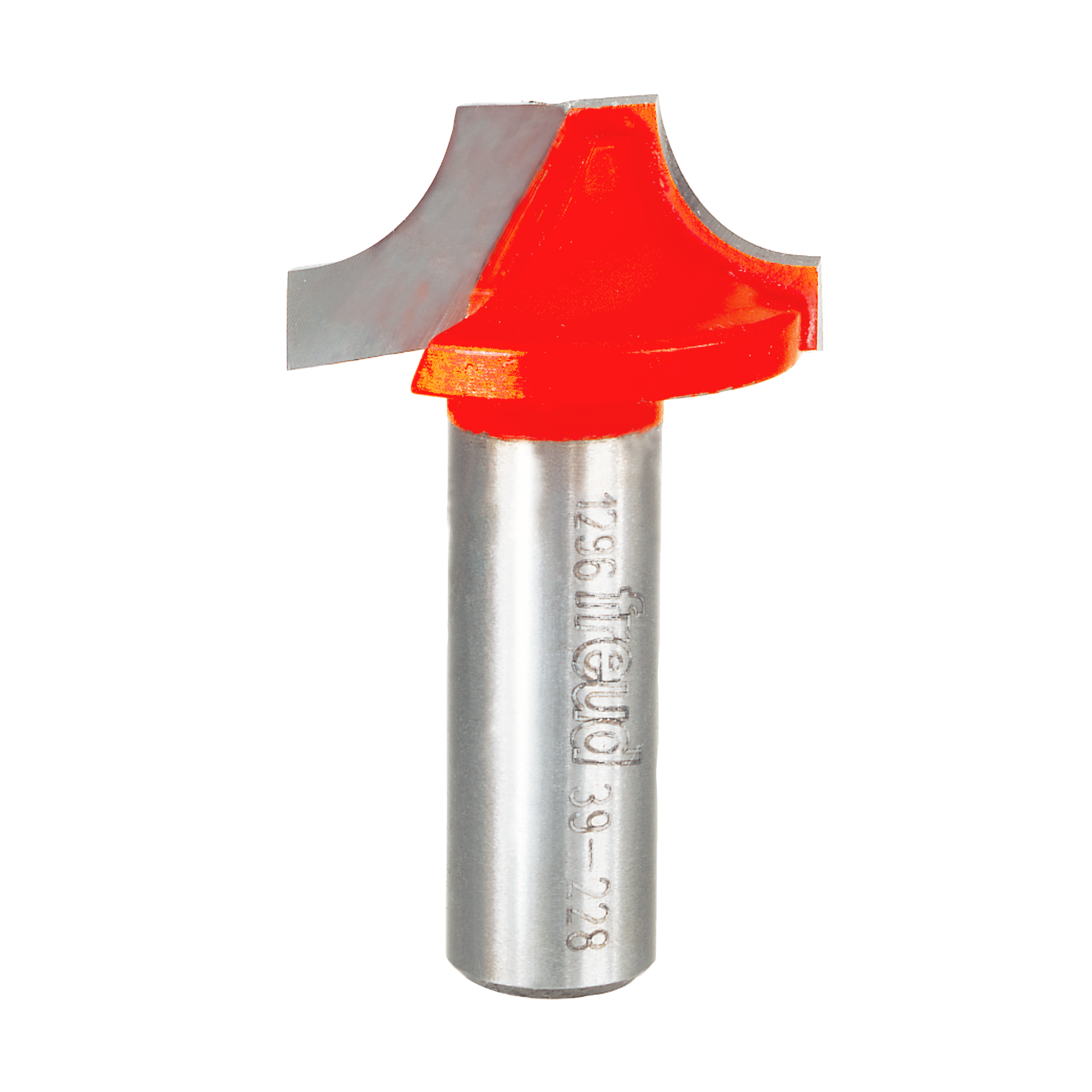 Red and silver ovolo router bit with curved cutting edges and cylindrical shank marked with Freud branding.