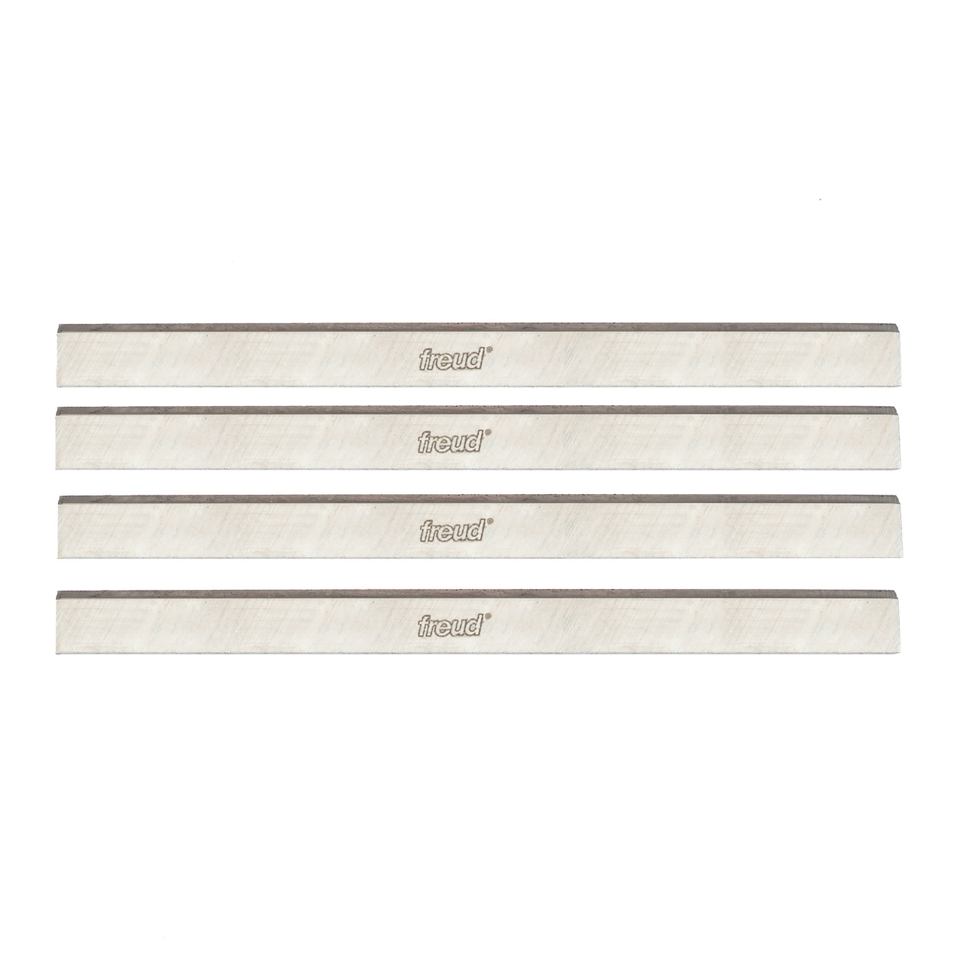 Four Freud C440 8-inch high speed steel planer and jointer knives with dark cutting edges and maker branding.