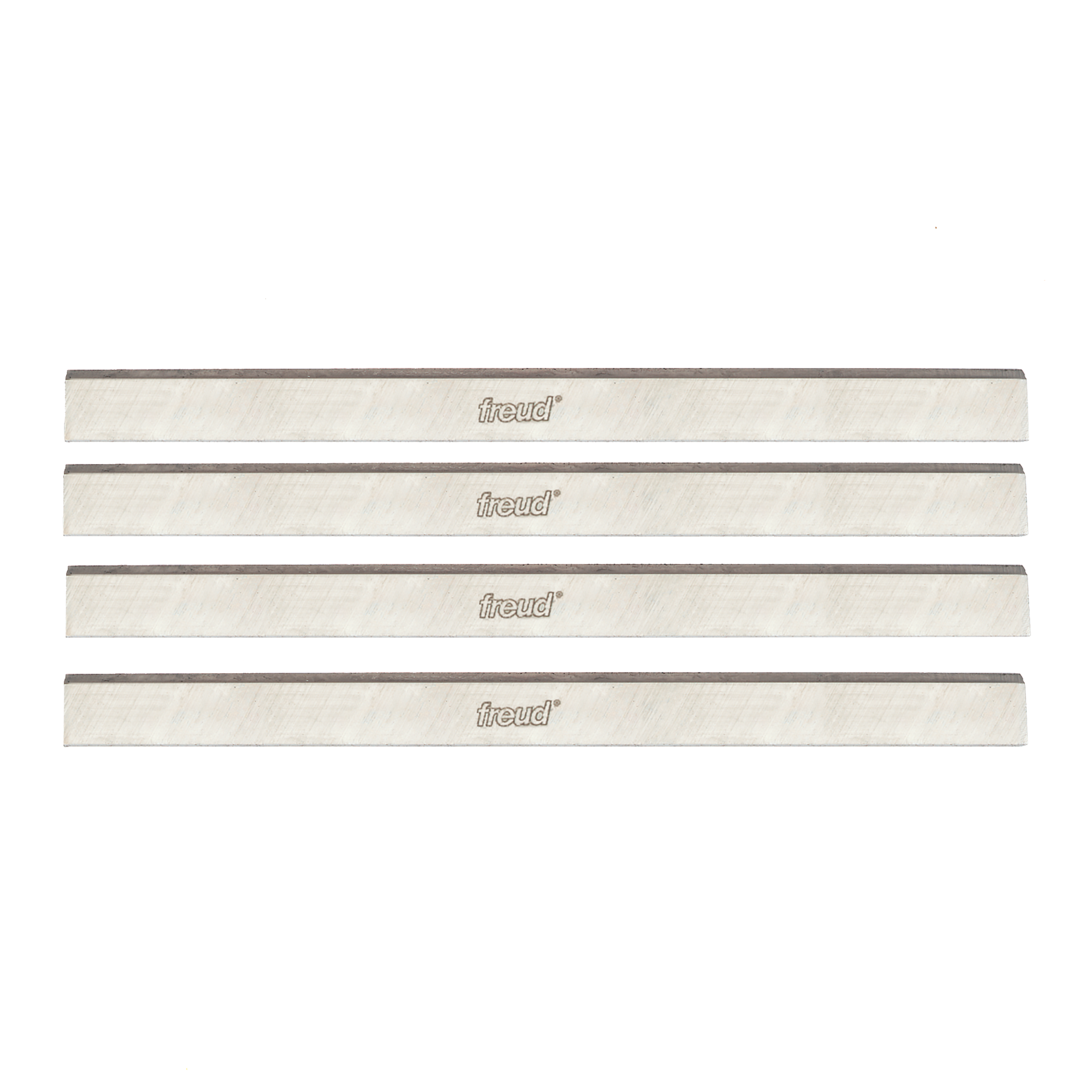 Four Freud C440 8-inch high speed steel planer and jointer knives with dark cutting edges and maker branding.