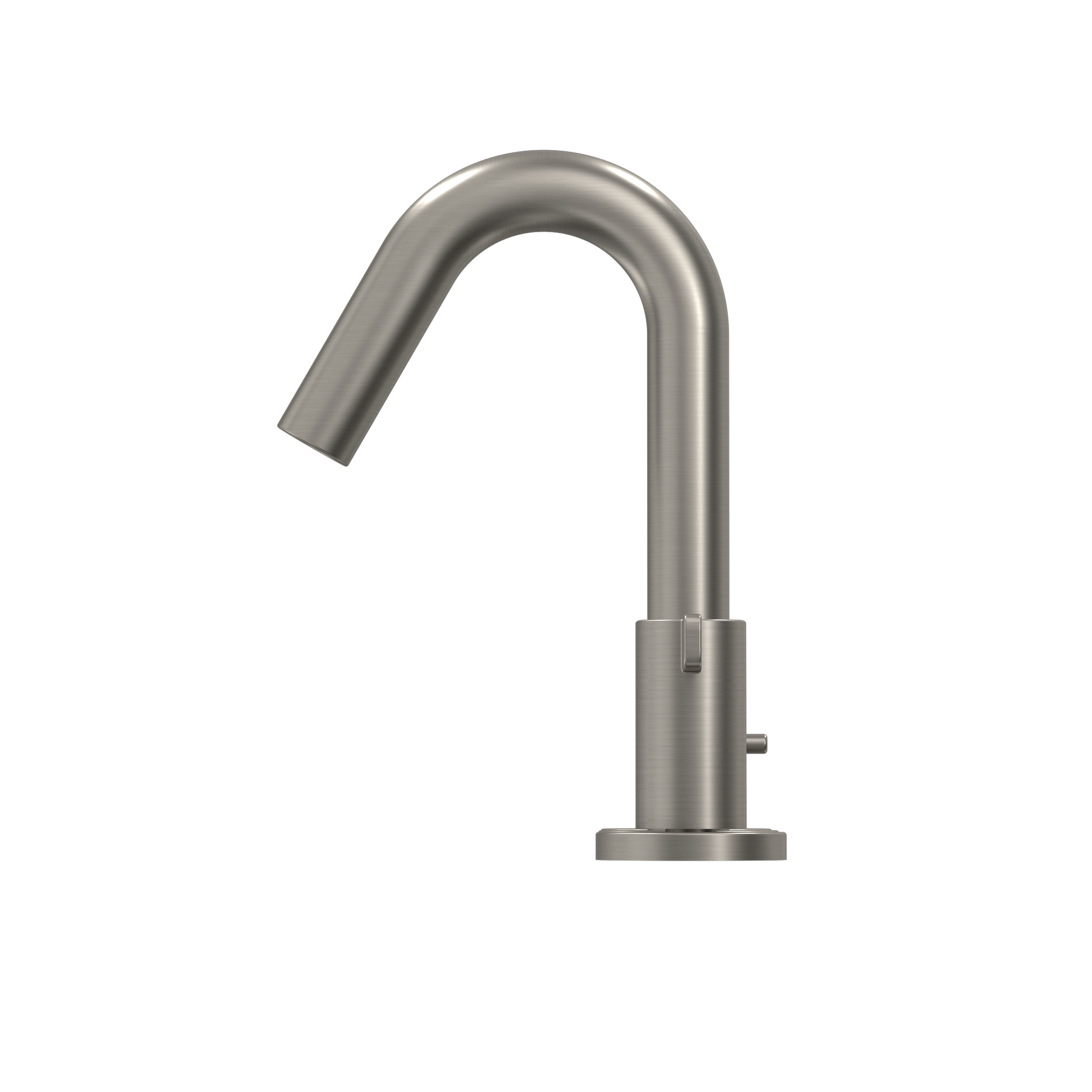 Brushed nickel bathroom sink faucet with curved spout and single lever handle mounted on round base.