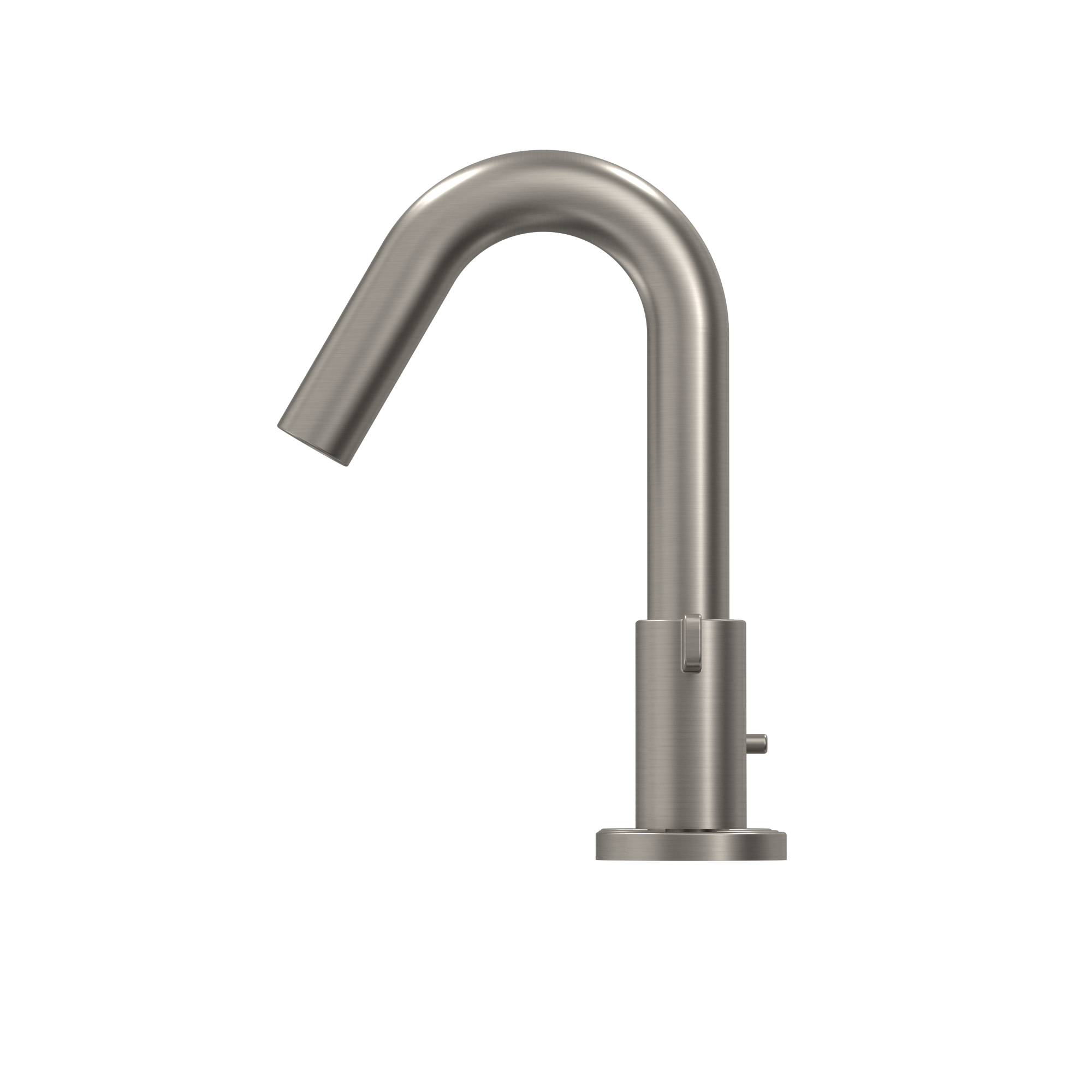 Brushed nickel bathroom sink faucet with curved spout and single lever handle mounted on round base.