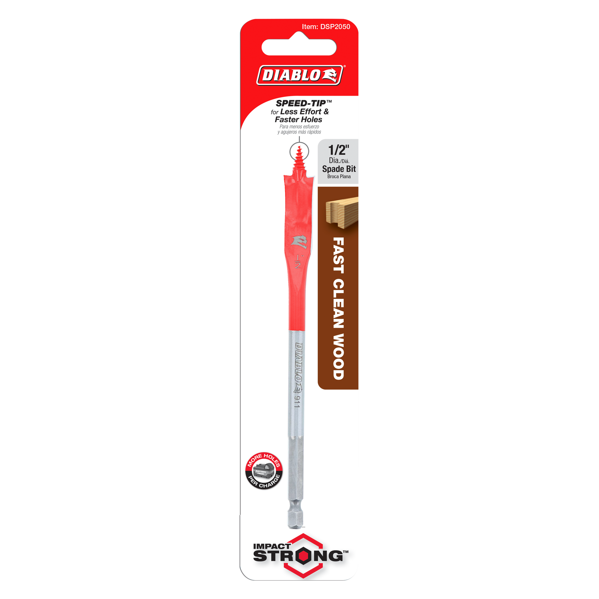 Diablo 1/2 in. spade bit with red body and gray shaft on packaging card.
