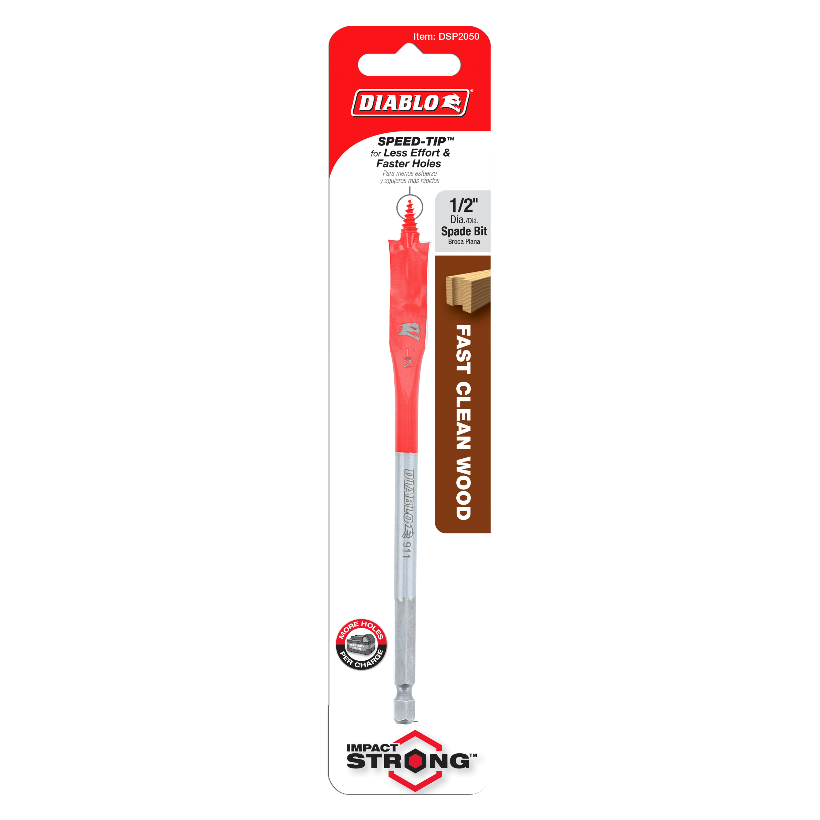 Diablo 1/2 in. spade bit with red body and gray shaft on packaging card.