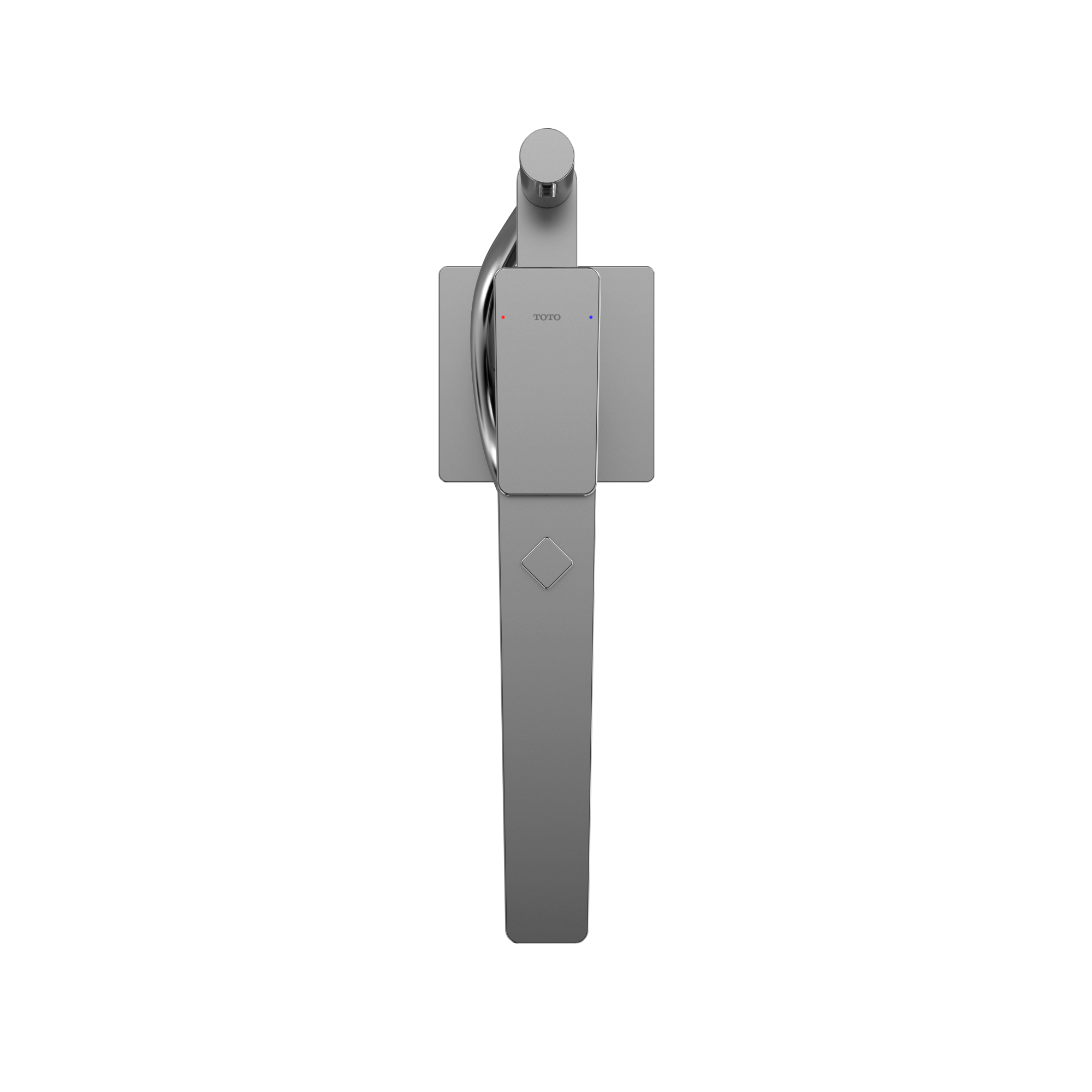 Polished chrome freestanding tub filler with single handle, spout, and coiled handshower hose.