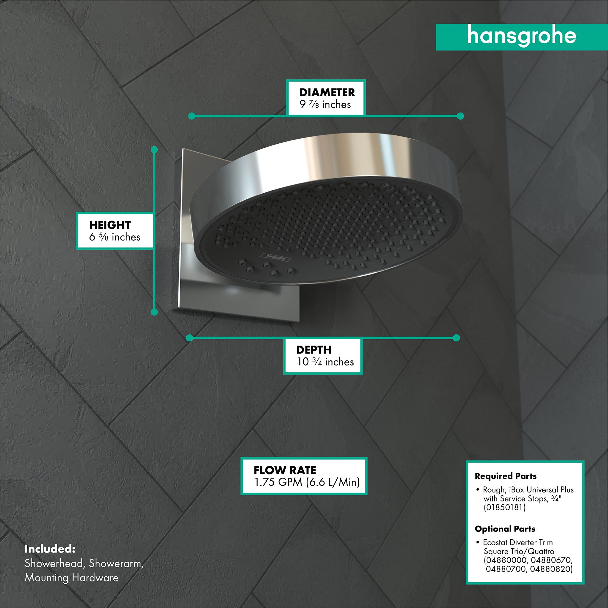 Chrome rainfall showerhead with textured black spray face and square wall connector, 9.75 inches diameter.