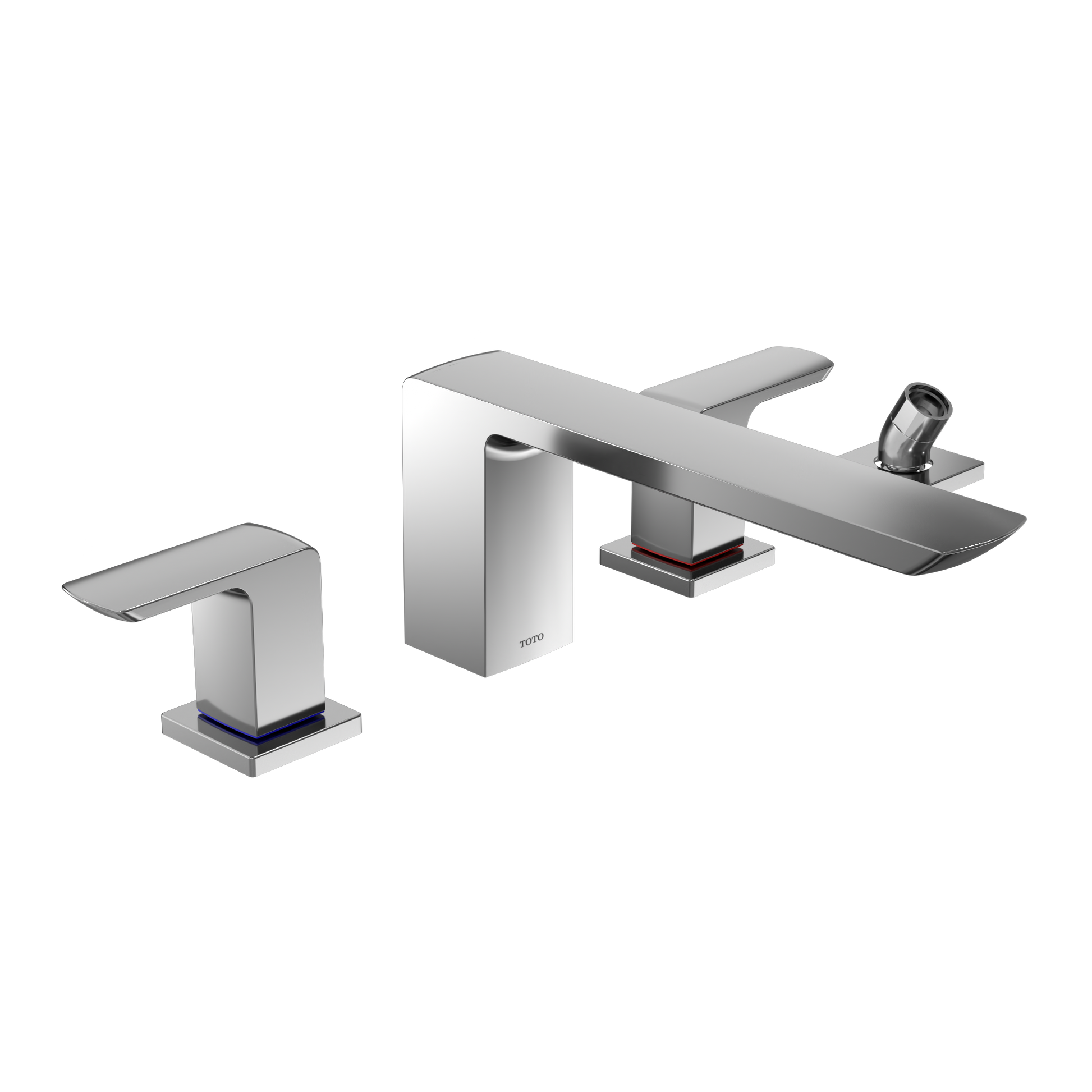 Polished chrome two-handle deck-mount roman tub filler with integrated handshower and spout.