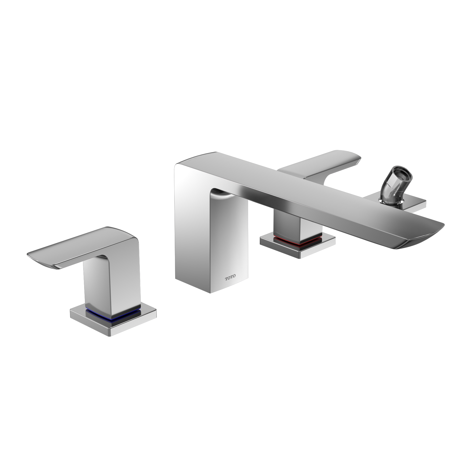 Polished chrome two-handle deck-mount roman tub filler with integrated handshower and spout.