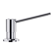 Chrome soap dispenser with cylindrical pump body and angled spout extending from round base.