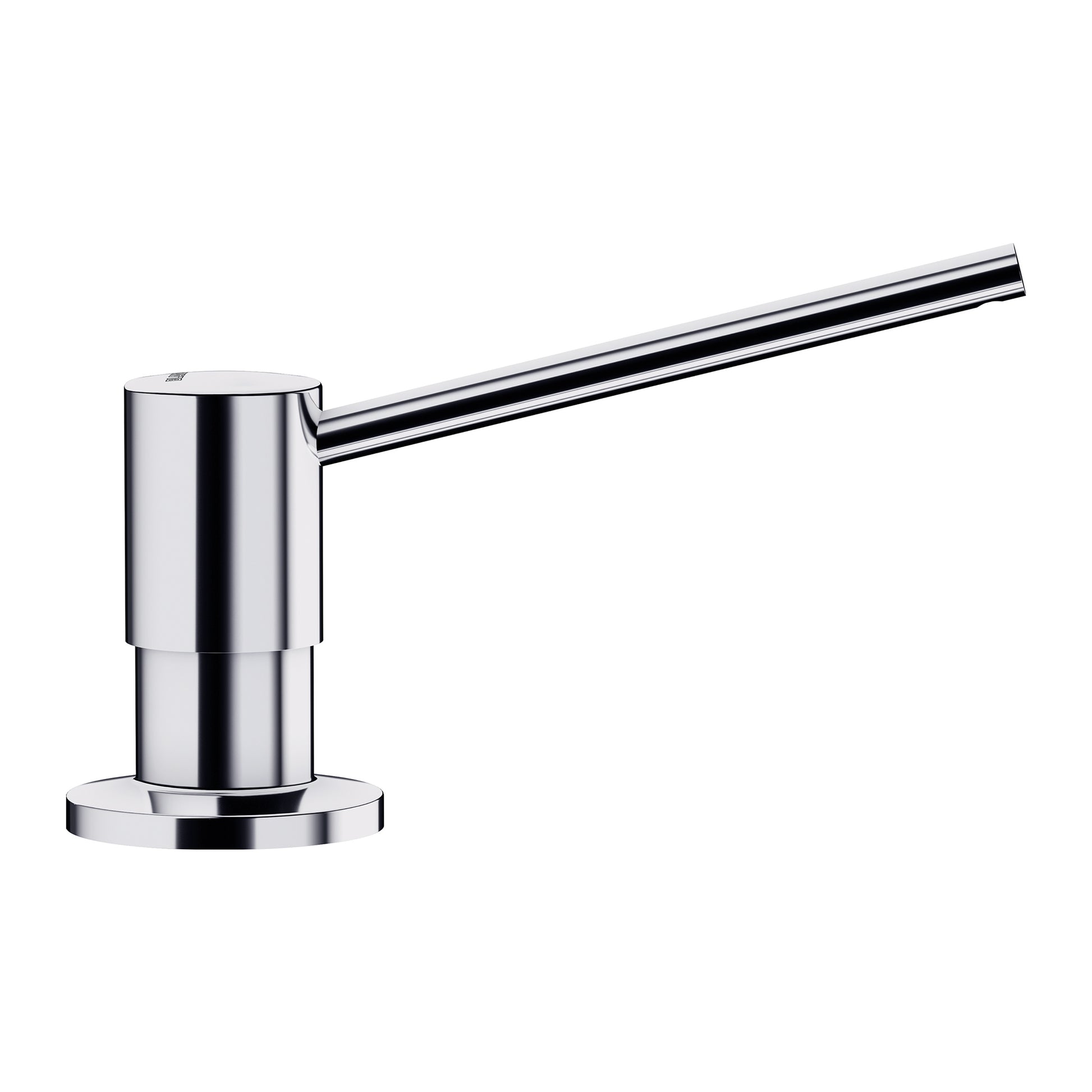Chrome soap dispenser with cylindrical pump body and angled spout extending from round base.