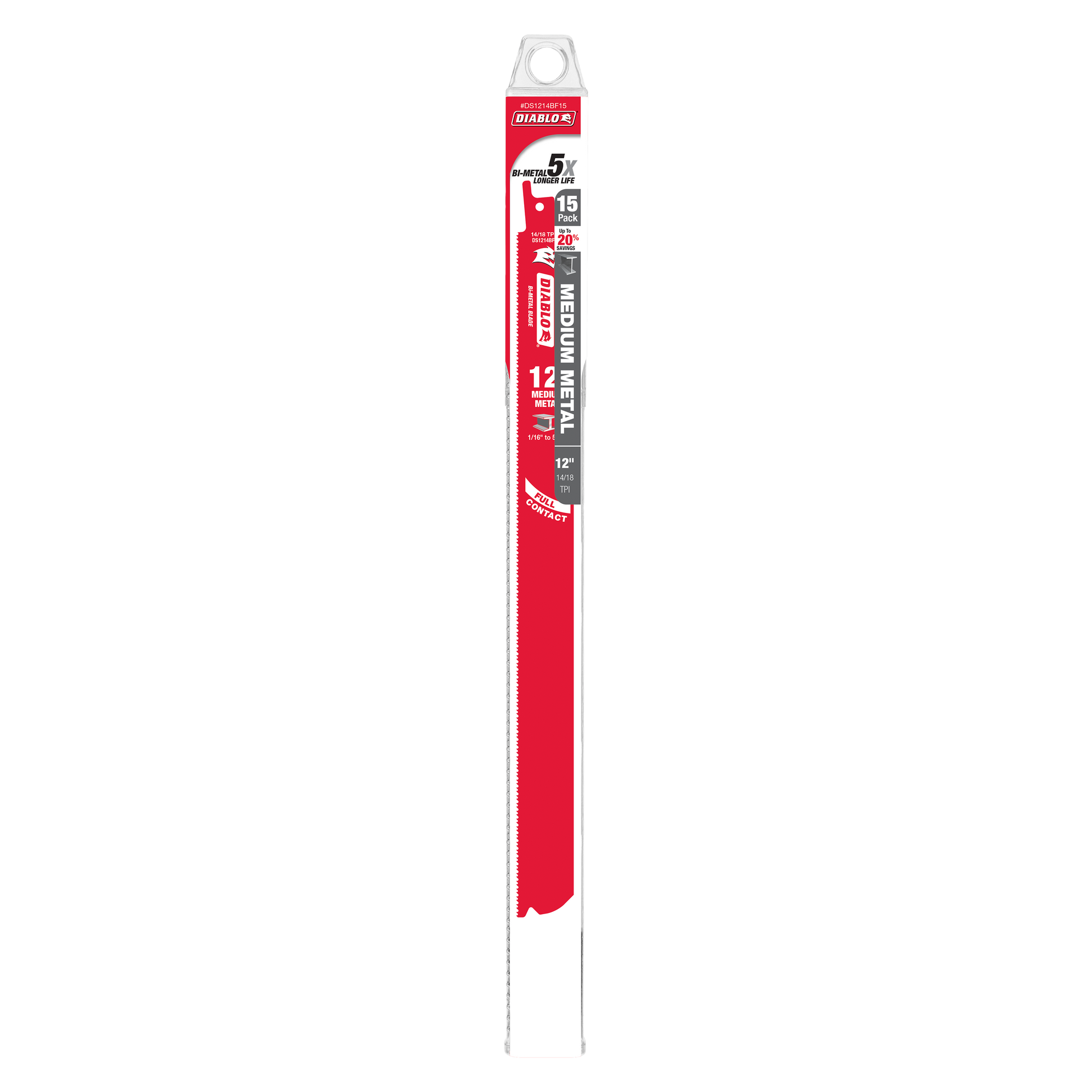 Diablo 12-inch bi-metal reciprocating saw blade pack with red and black packaging showing product specifications.