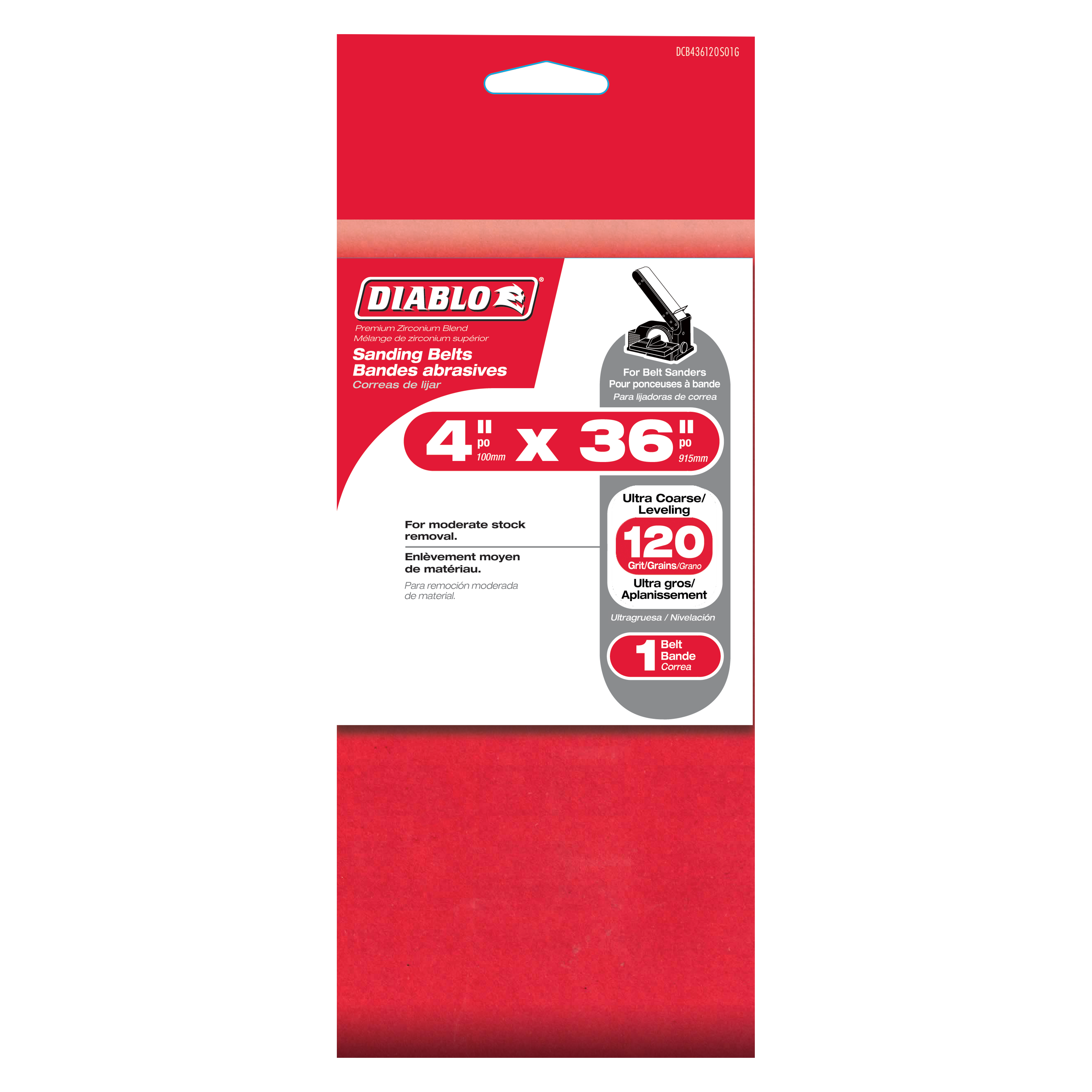 Diablo brand 4 x 36 inch sanding belt with 120 grit rating in red packaging.