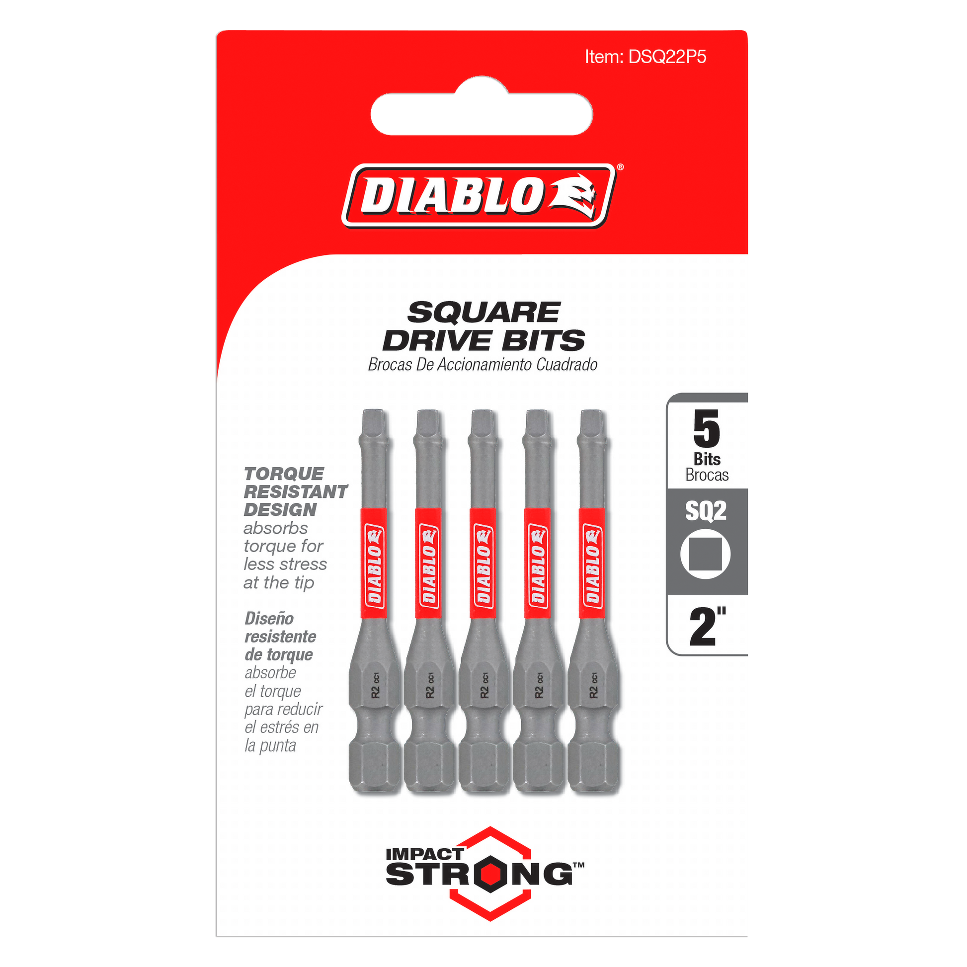 Five gray Diablo #2 square drive bits, 2 inches long, in red and white packaging.