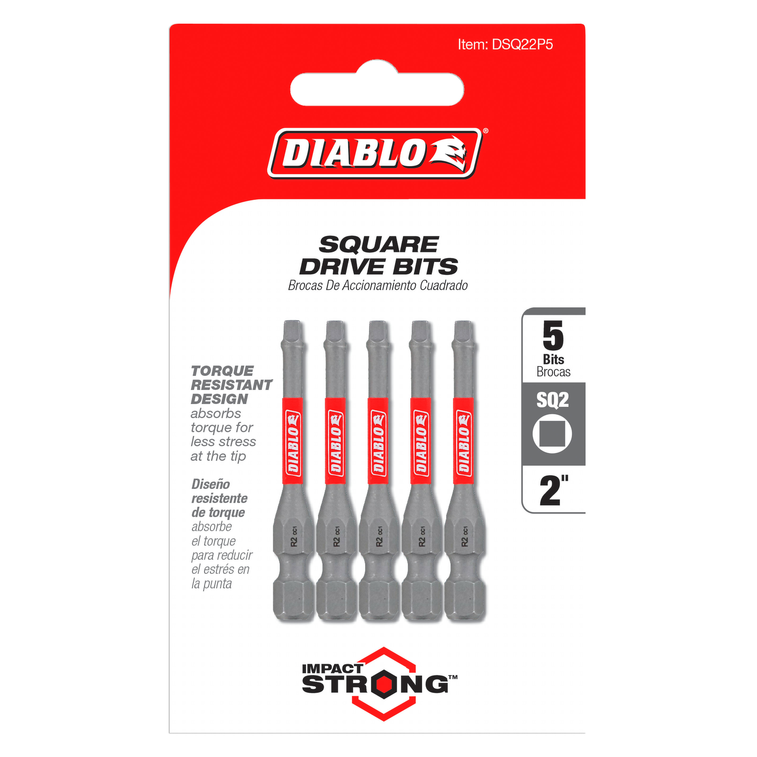 Five gray Diablo #2 square drive bits, 2 inches long, in red and white packaging.