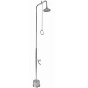 Tall stainless steel outdoor shower with overhead showerhead, foot shower base, and pull chain control.