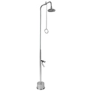 Stainless steel freestanding outdoor shower with 6-inch head, pull chain valve, and foot pedal control.