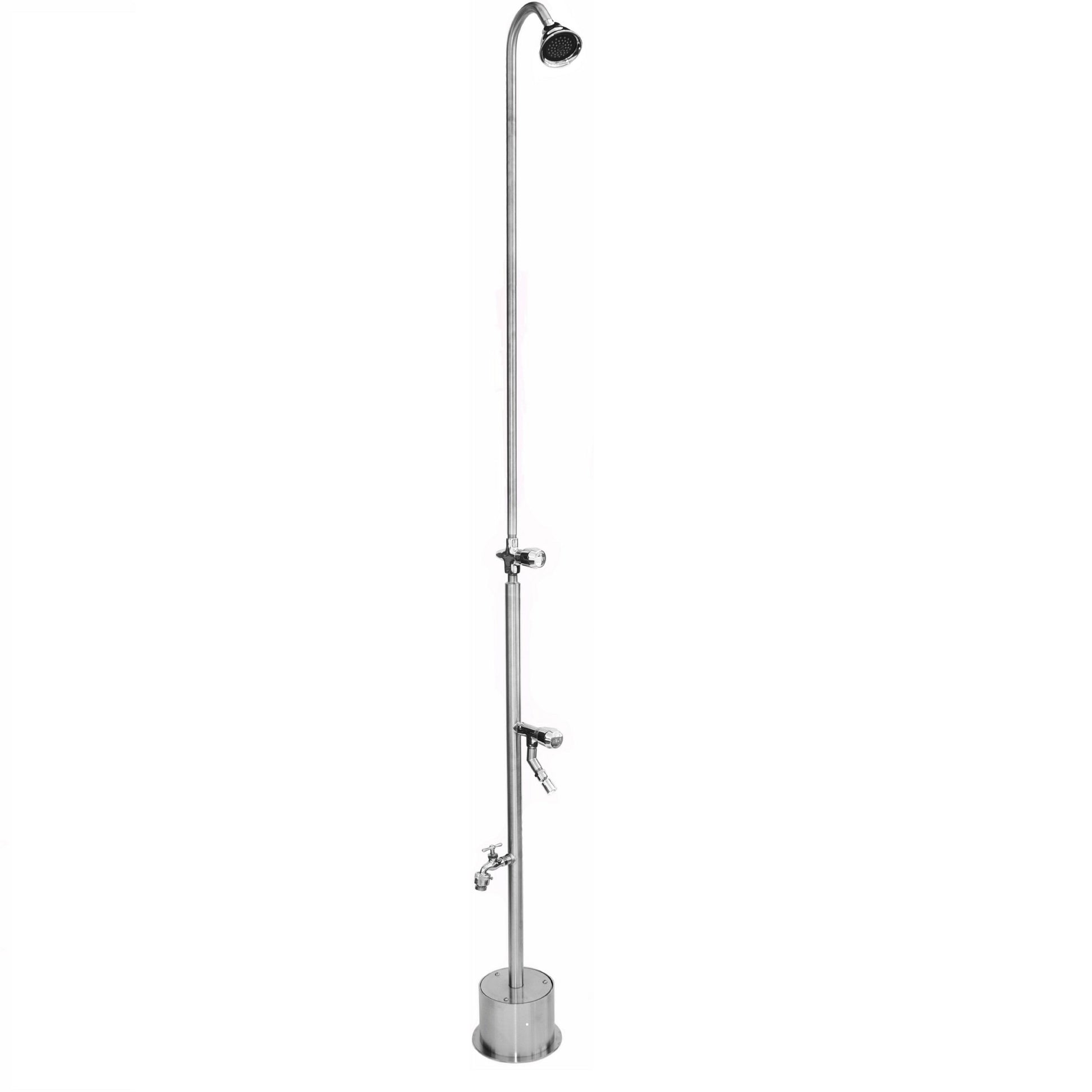 Stainless steel freestanding outdoor shower with overhead showerhead, handheld hose, and foot shower attachment on base.
