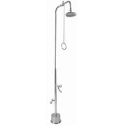 Stainless steel free-standing outdoor shower with overhead showerhead, handheld hose faucet, and foot rinse valve.