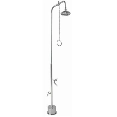 Stainless steel free-standing outdoor shower with overhead showerhead, handheld hose faucet, and foot rinse valve.