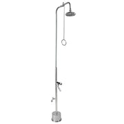 Stainless steel free-standing outdoor shower with overhead 6" shower head, foot shower valve, and pull ring on chain.