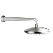 Stainless steel shower head with 8-inch circular face and wall-mounted angled arm.
