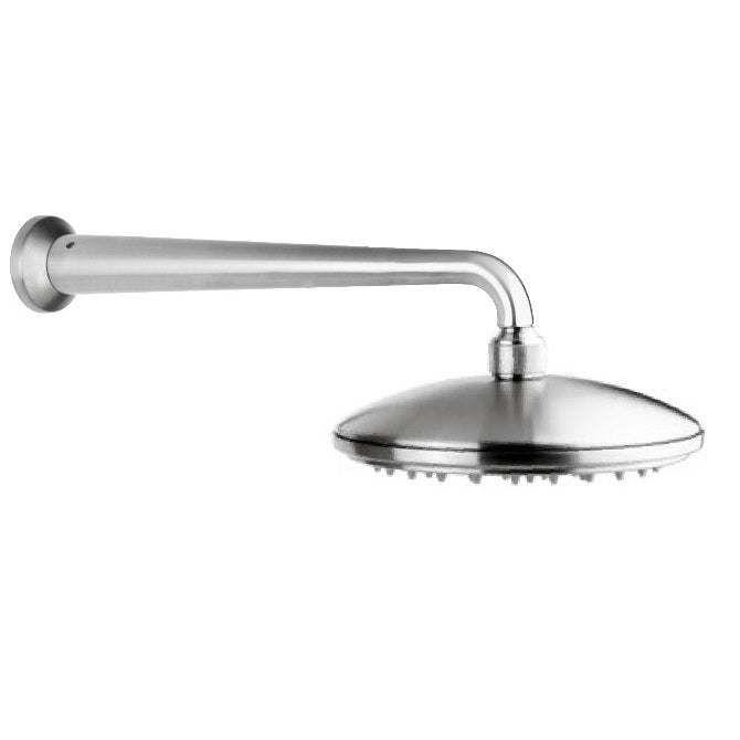 Stainless steel shower head with 8-inch circular face and wall-mounted angled arm.