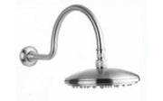 Stainless steel shower head with curved gooseneck arm and circular face featuring water spray holes.