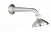 Stainless steel shower head with 4-inch diameter face and curved extension arm mounted to wall.