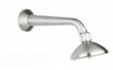 Stainless steel shower head with 4-inch diameter face and curved extension arm mounted to wall.