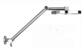 Stainless steel shower head with 8-inch arm mounted on wall bracket.