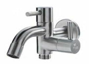 Stainless steel wall-mount hose faucet with curved spout and single lever handle.