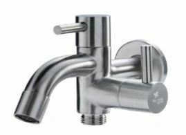 Stainless steel wall-mount hose faucet with curved spout and single lever handle.