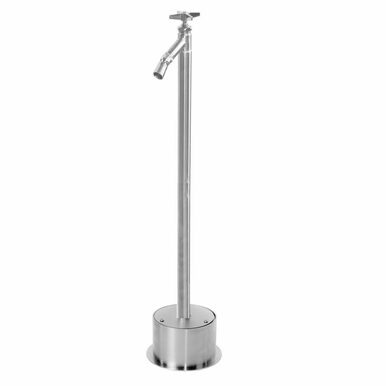 Stainless steel freestanding foot shower with pedal base and adjustable spray head.