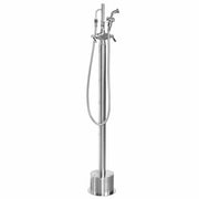 Stainless steel freestanding outdoor shower with hand spray, hose, and floor-mounted base.