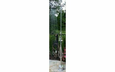 Stainless steel freestanding outdoor shower unit with overhead showerhead and handheld shower sprayer mounted on pole.