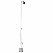 Tall freestanding outdoor shower with curved showerhead and hose faucet on circular base.