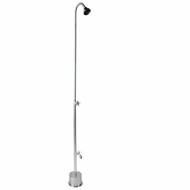 Tall freestanding outdoor shower with curved showerhead and hose faucet on circular base.