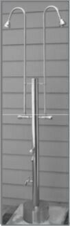 Stainless steel freestanding outdoor shower with two overhead heads, foot rinse, and hose faucet attachment.