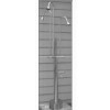 Tall stainless steel freestanding shower station with three showerheads, foot spray, and hose attachment.