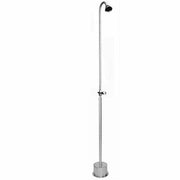 Tall stainless steel outdoor shower with curved showerhead and adjustable height fixture on base.
