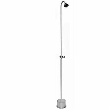 Tall stainless steel outdoor shower with curved showerhead and adjustable height fixture on base.