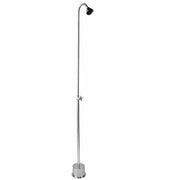 Tall freestanding metal shower with curved showerhead and single control valve on straight pole.