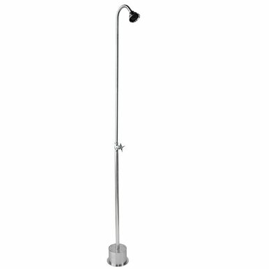 Tall freestanding metal shower with curved showerhead and single control valve on straight pole.