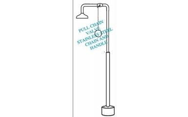 Free-standing outdoor shower with 6-inch round shower head and vertical pipe on white background.
